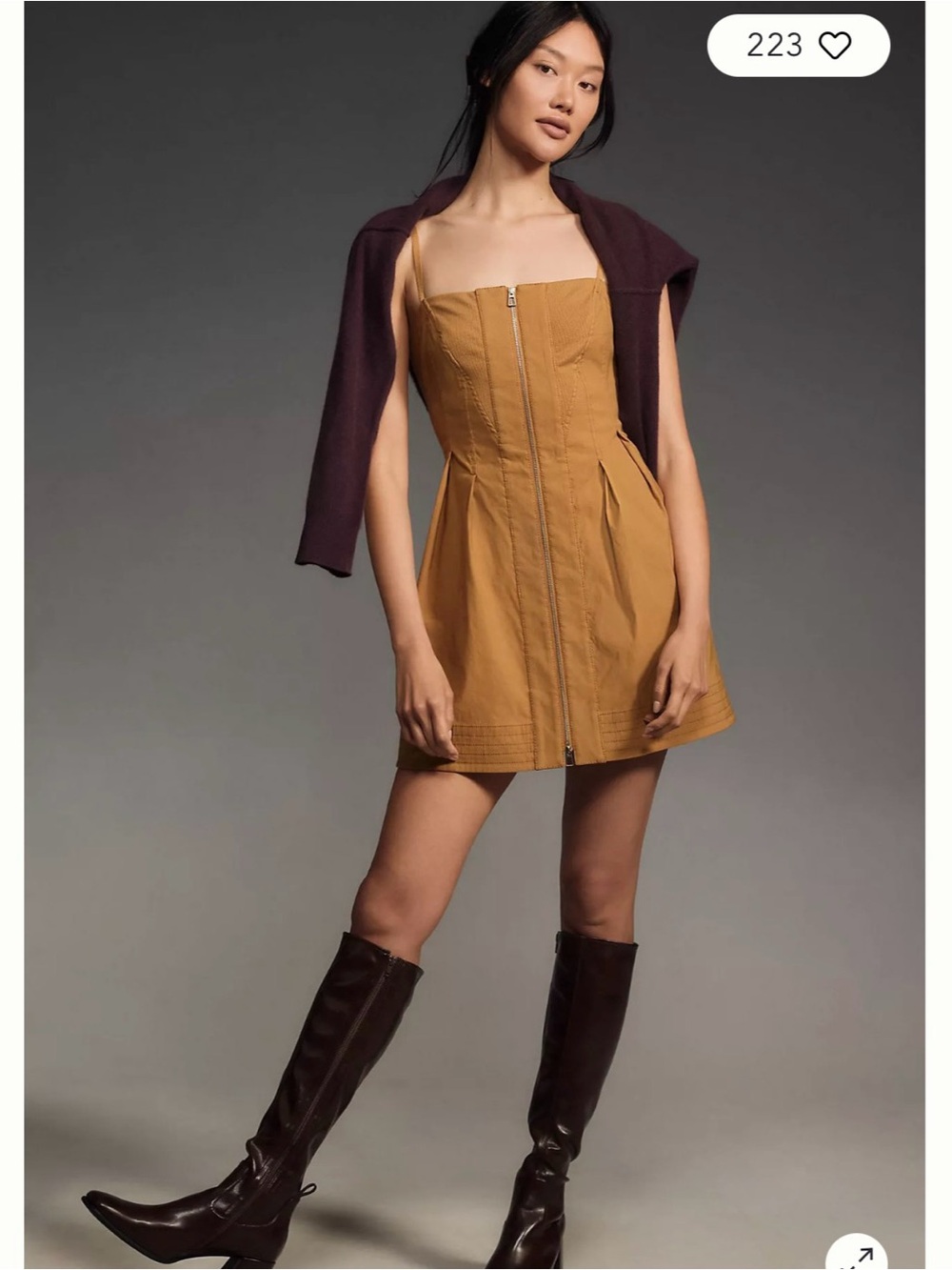 Strapless Front-Zip Tan Mini Dress